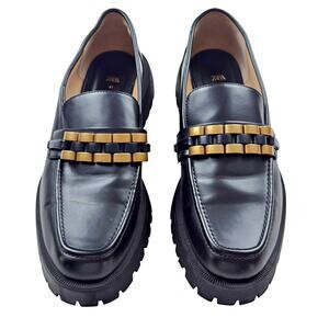Zara Black Gold Chunk Platform Flat Loafer Shoe Sz 41 Women's 10.5